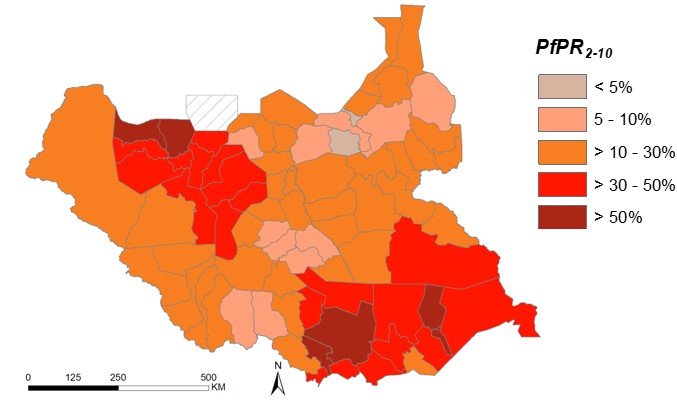 South Sudan - county population weighted mean predicted PfPR2-10 in 2017