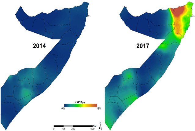 Somalia - mean predicted PfPR2-10 in 2014 and 2017 at 1x1 km resolution